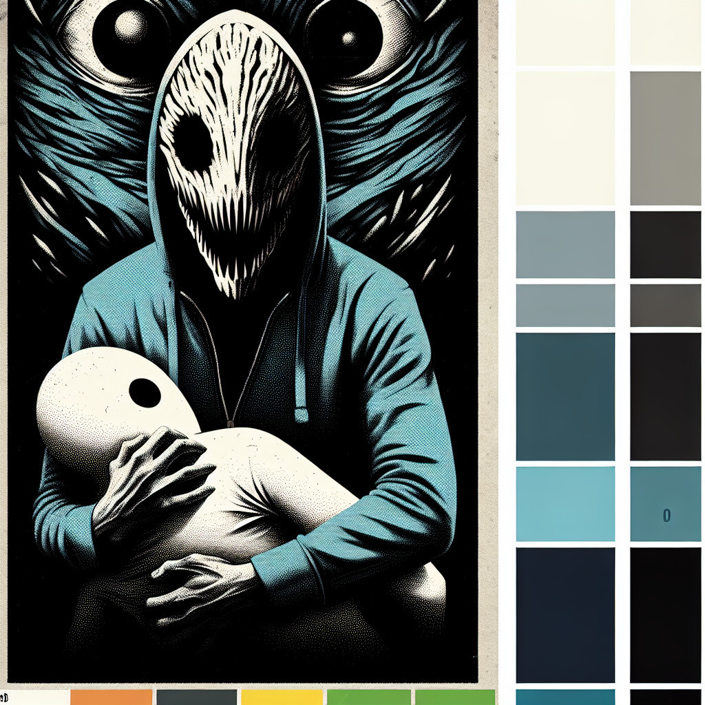 Mysterious Figure with Doll in Eerie Blue Atmosphere