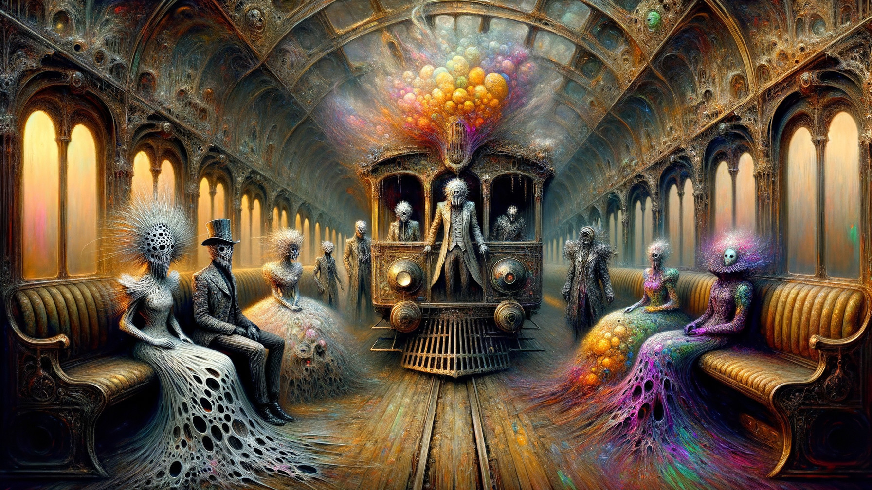 Surreal Train Carriage with Fantastical Creatures