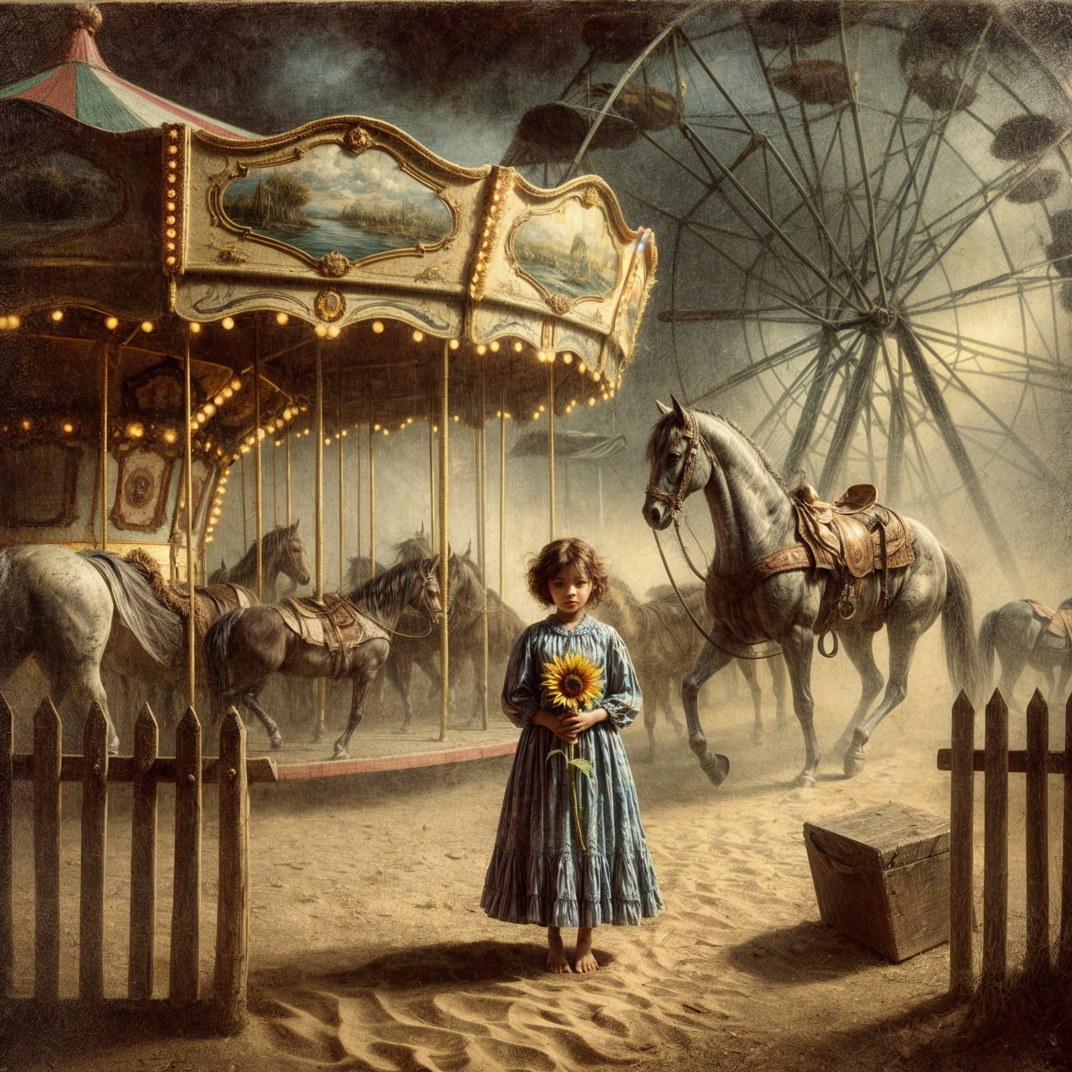 Dreamlike Carnival Scene with Vintage Carousel and Sunflower