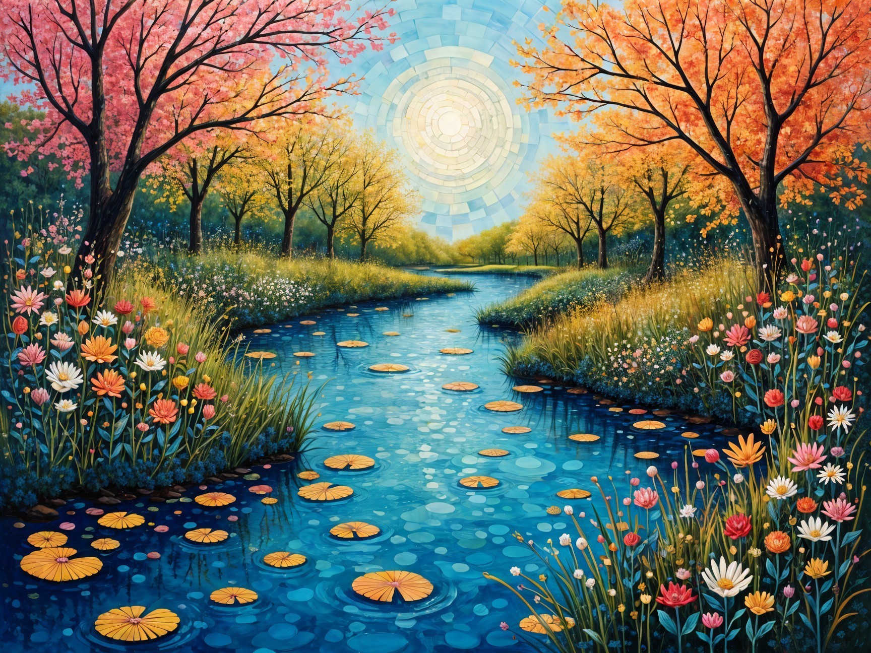 Tranquil River Flowing Through Lush Landscape Scene