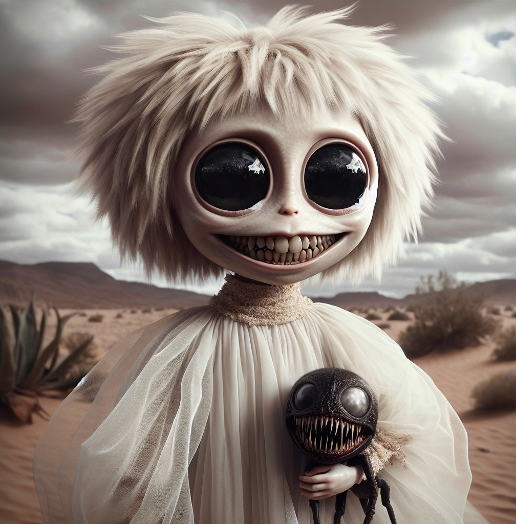 Whimsical Character in a Desert with Sinister Doll