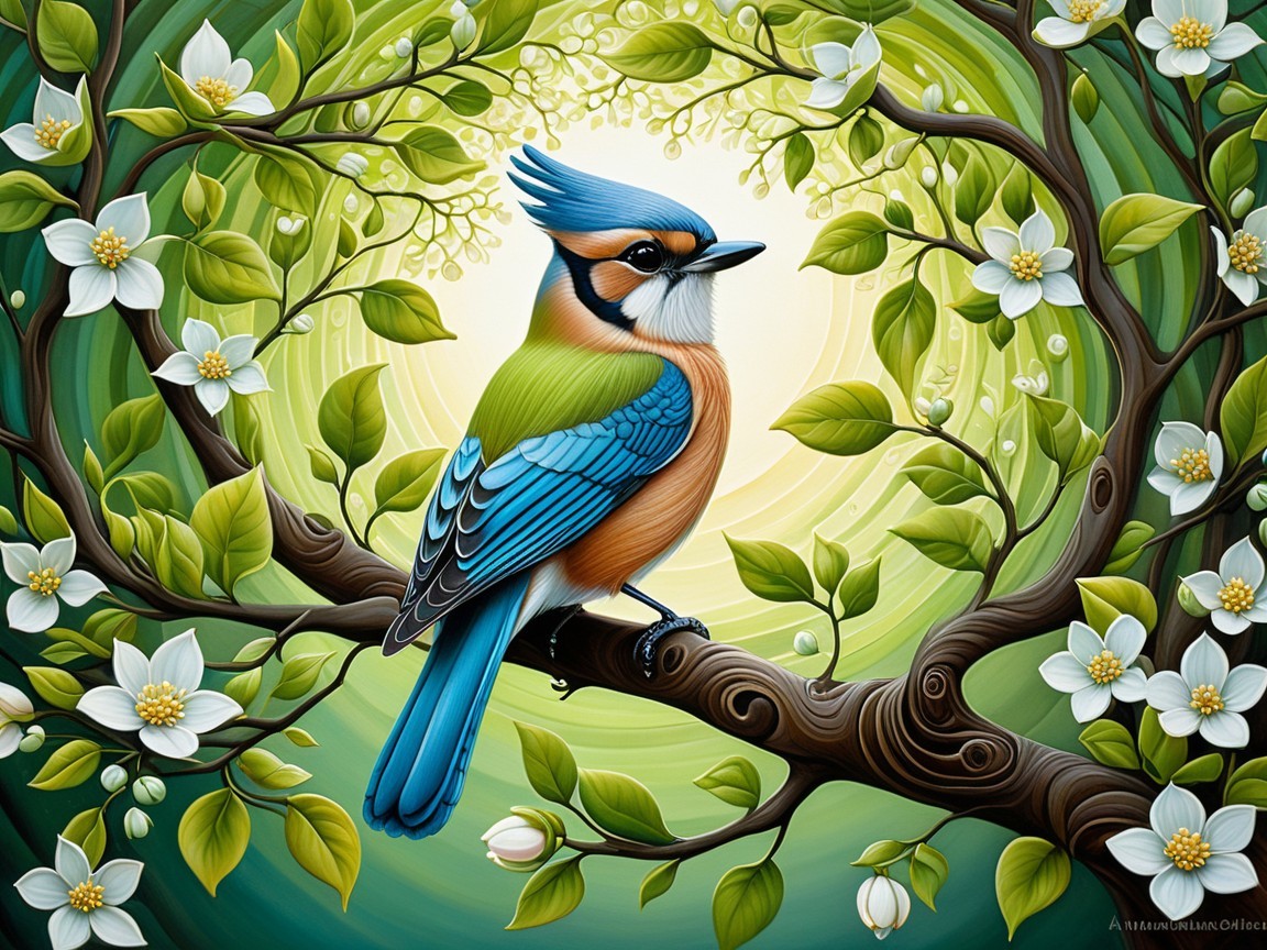Vibrant Bird with Blue Crest on Twisted Branch