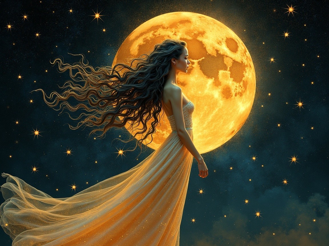 Serene figure against a luminous full moon backdrop