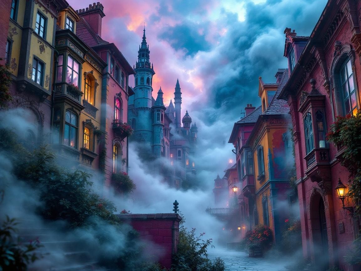 Foggy Street with Colorful Buildings and Lanterns