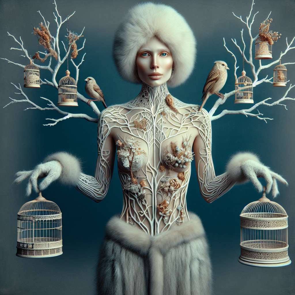 Surreal Figure with Branch-Like Body and Natural Elements