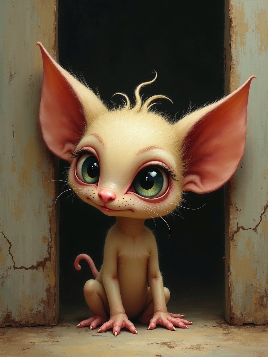 Whimsical creature with oversized ears and green eyes