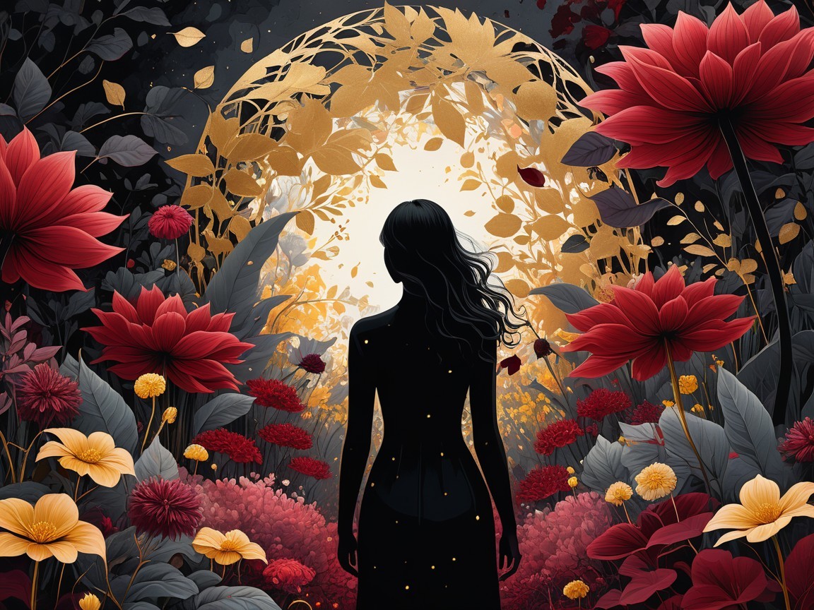 Silhouetted Figure in a Dreamlike Flower Garden