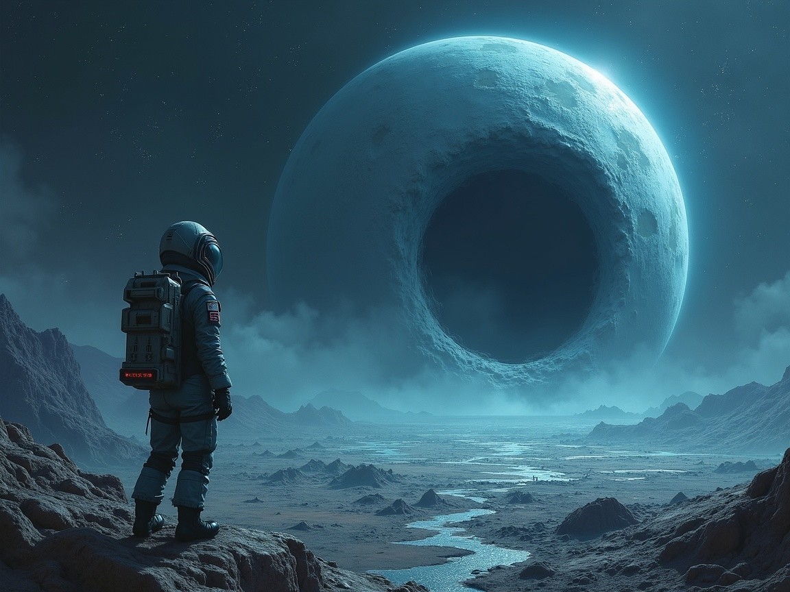 Astronaut on Alien Landscape with Dark Circular Void