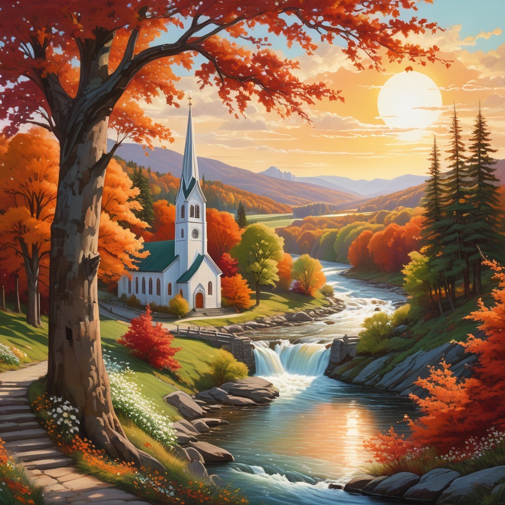 Serene Autumn Landscape with Church and Waterfall
