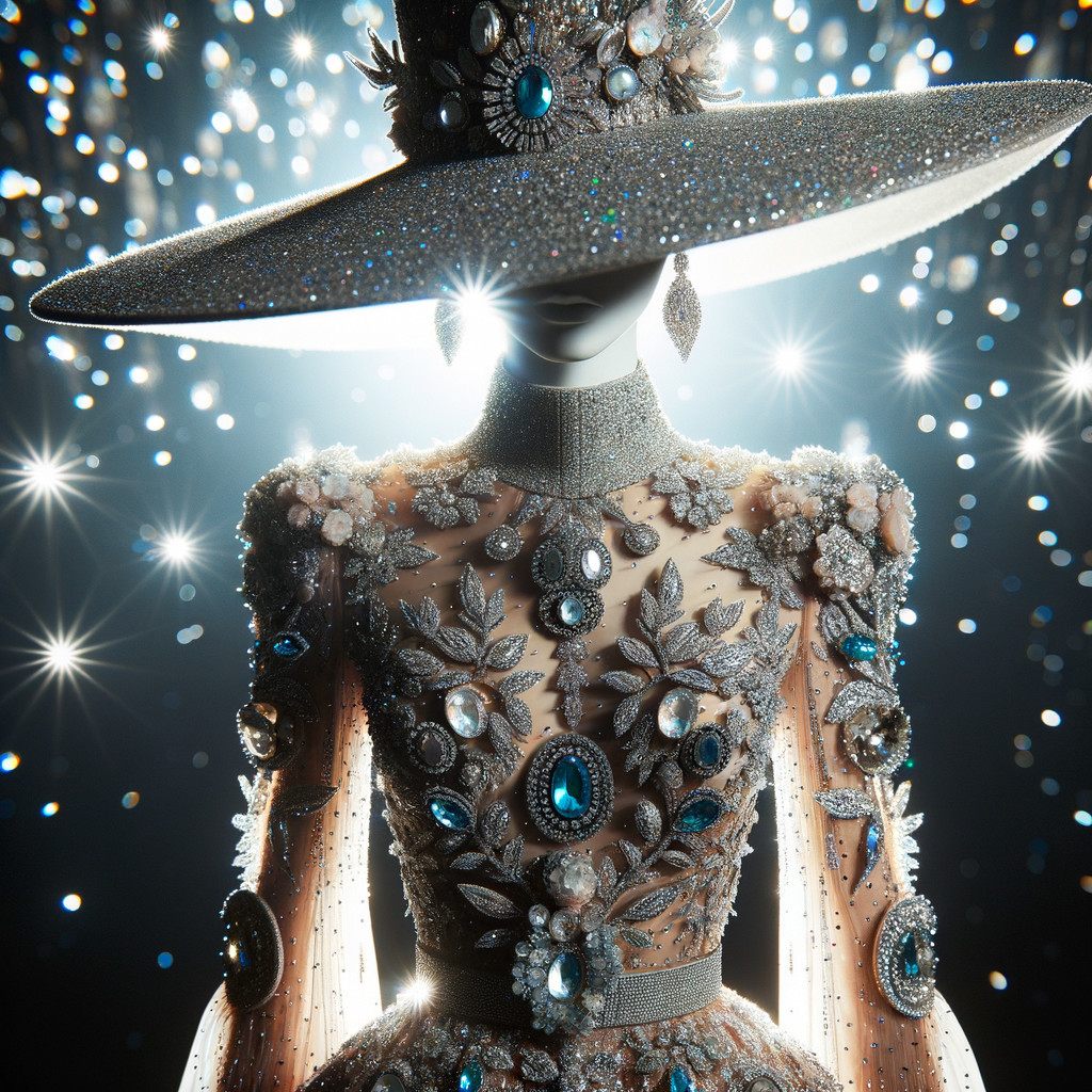 Elegant gown with embellishments and wide-brimmed hat