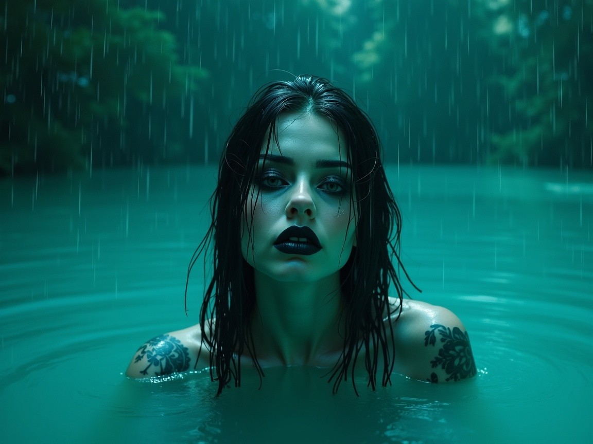 Mysterious Woman in Turquoise Water with Tattoos