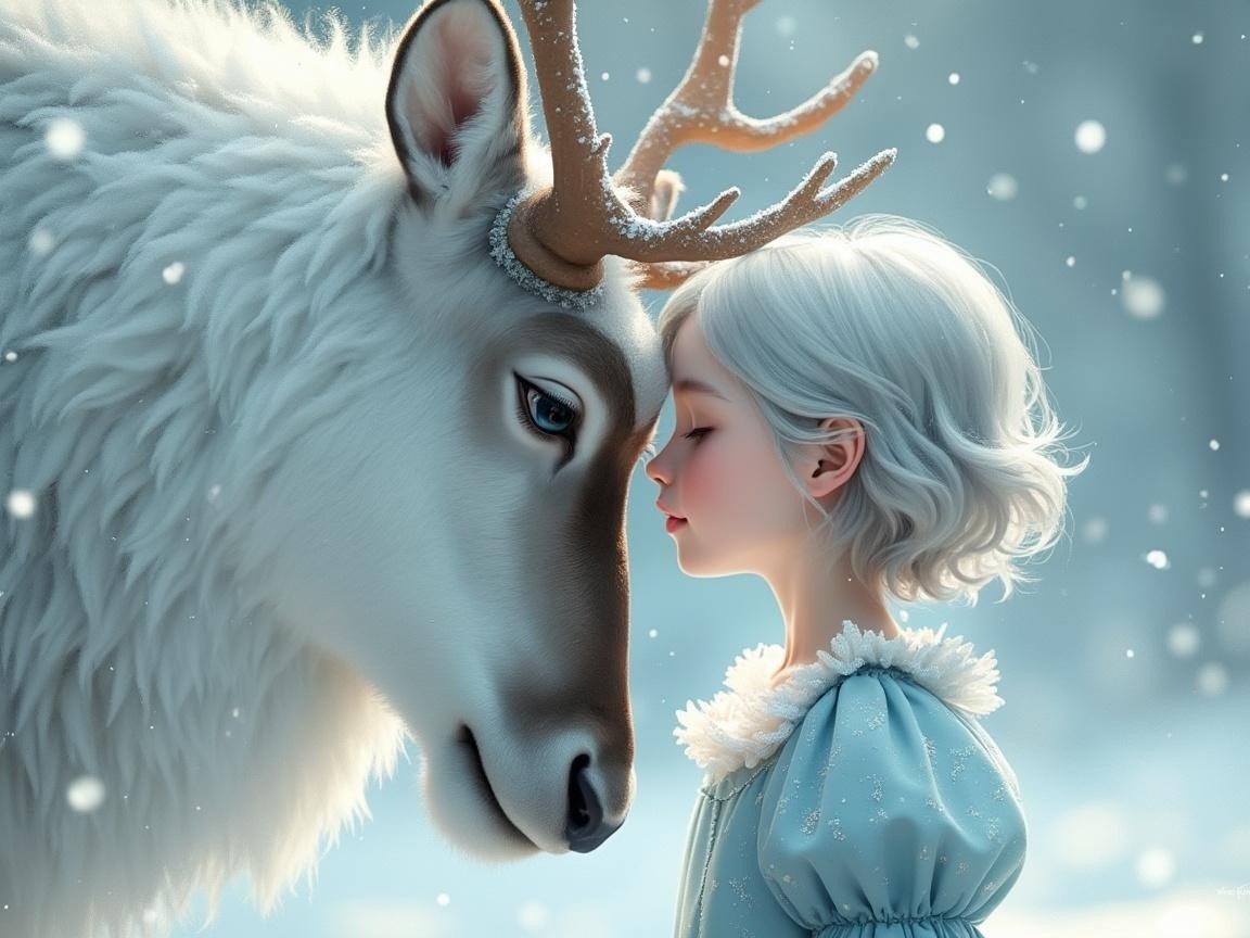 Young Girl and White Reindeer in Winter Scene