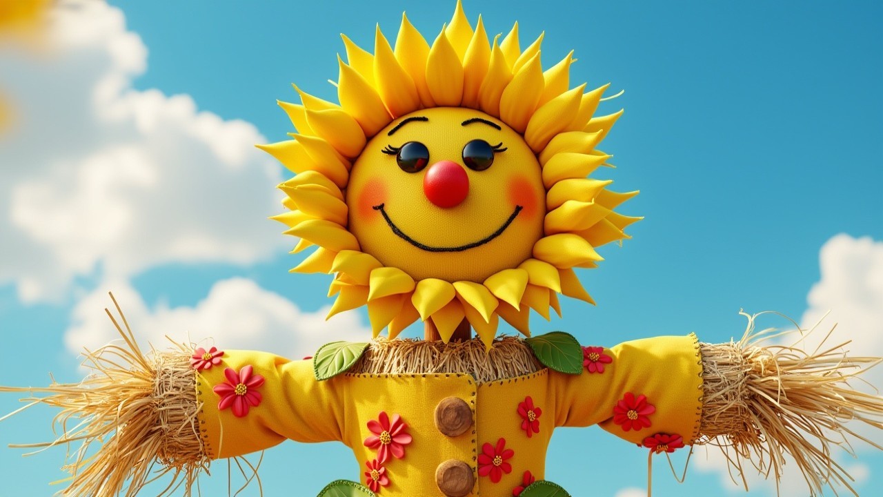 Cheerful Scarecrow with Sunflower Head in Blue Sky