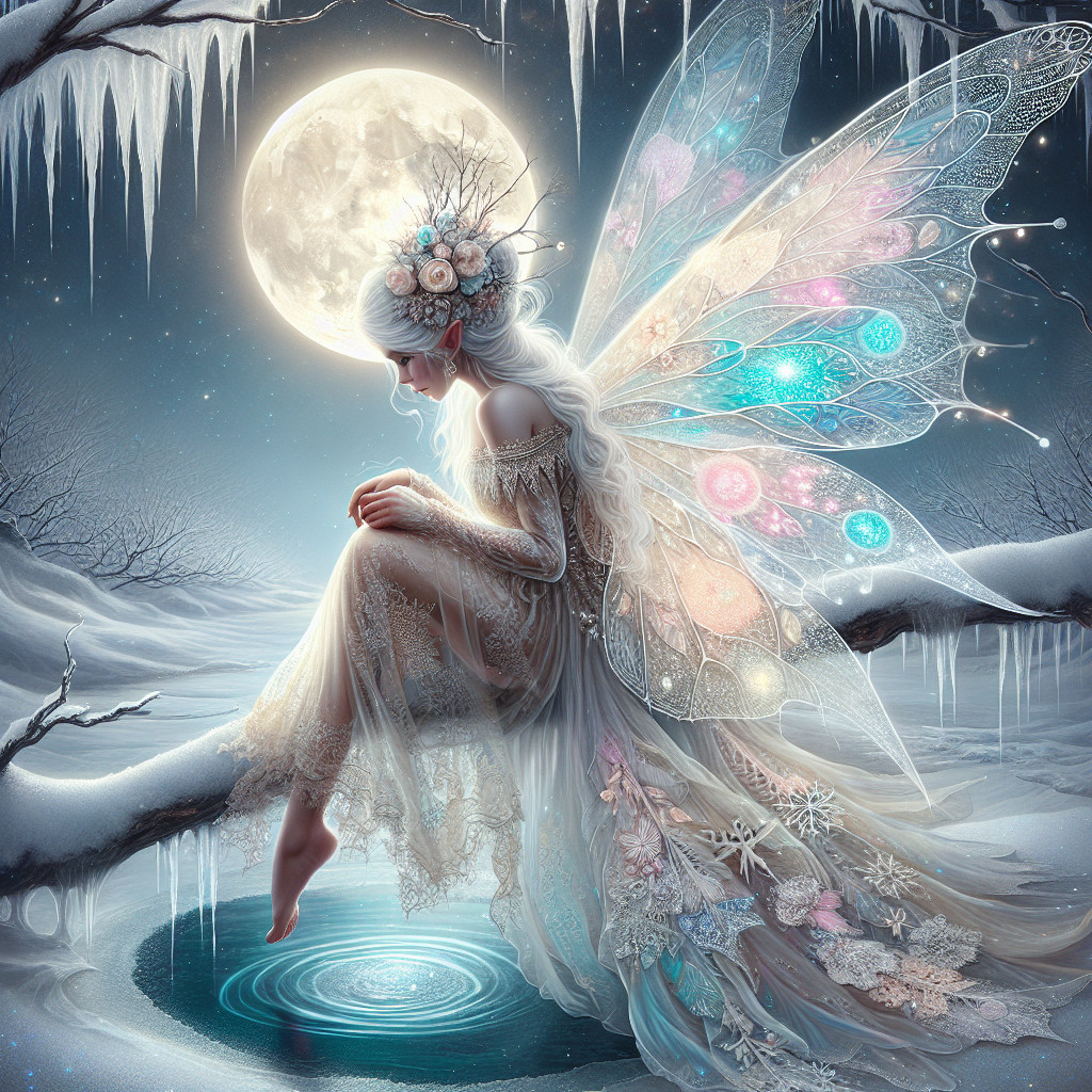 Fairy with Iridescent Wings in Winter Landscape