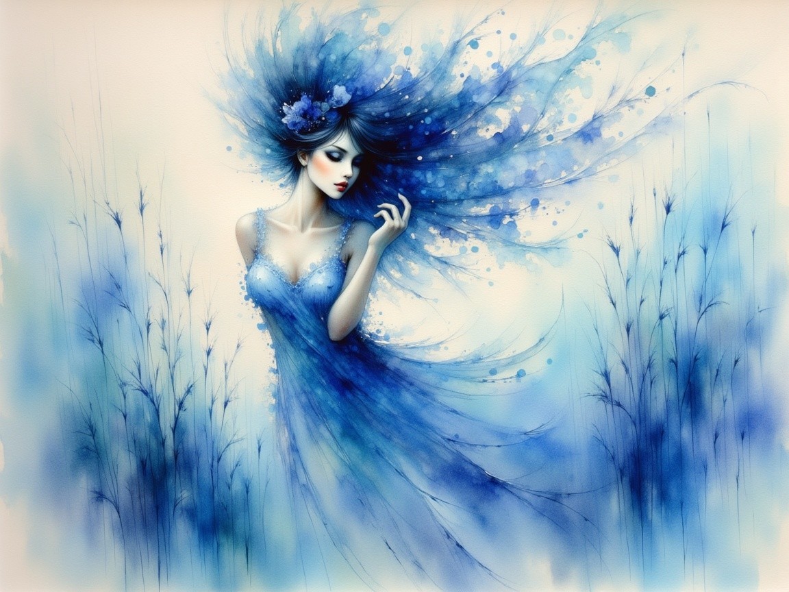 Graceful Woman with Blue Hair and Floral Headdress