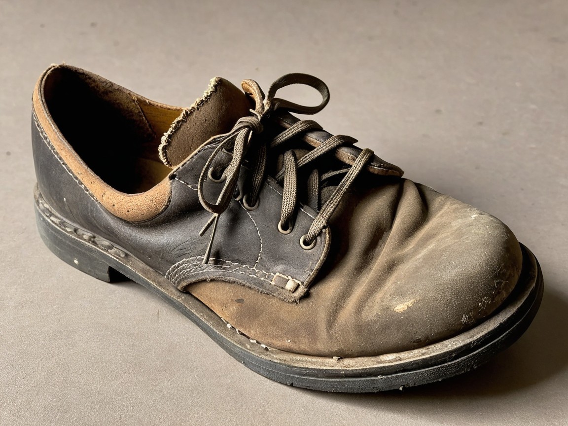Worn-Out Brown Leather Shoe with Scuffed Upper