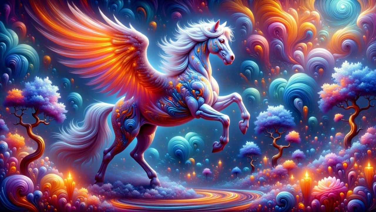 Majestic Winged Unicorn in a Colorful Fantasy Landscape