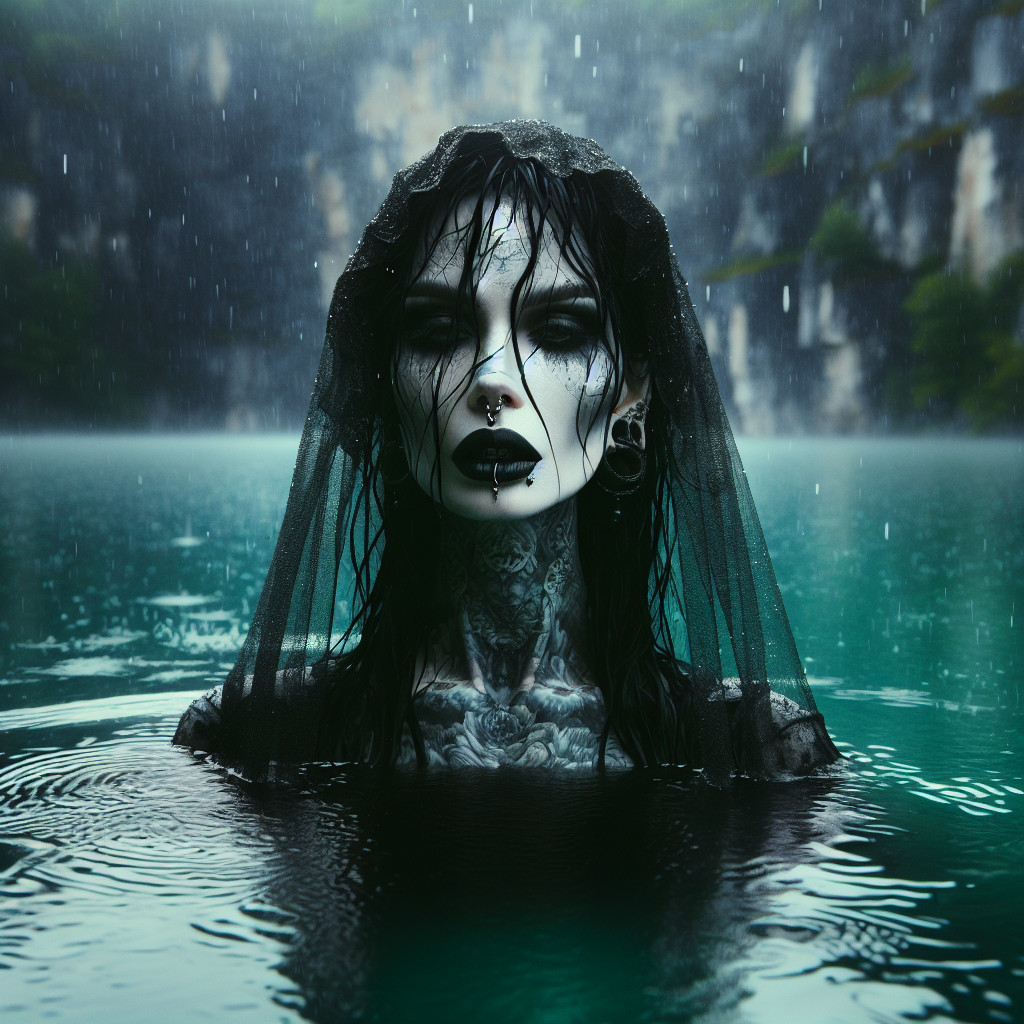 Mysterious Figure in Turquoise Water with Veil and Tattoos
