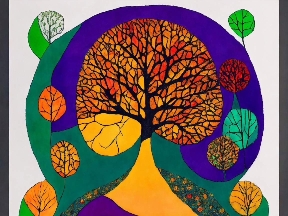Vibrant Artwork of Central Tree with Colorful Surroundings