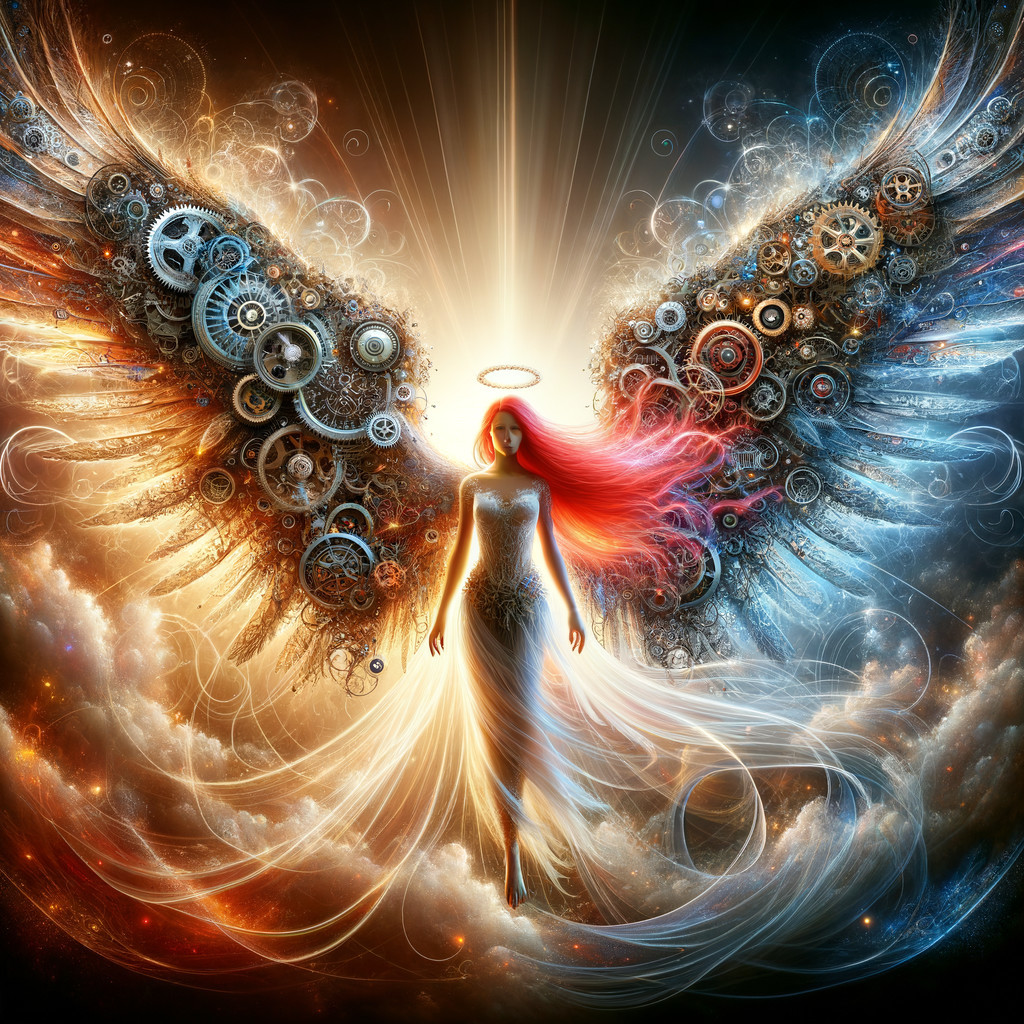 Celestial Figure with Mechanical Wings in Ethereal Clouds