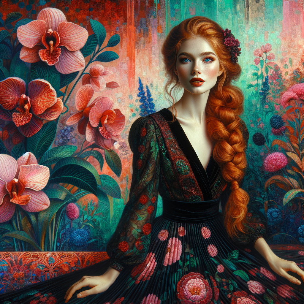 Young woman in dark dress among vibrant flowers