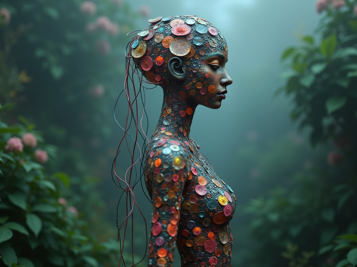 Humanoid Sculpture with Vibrant Disc Adornments