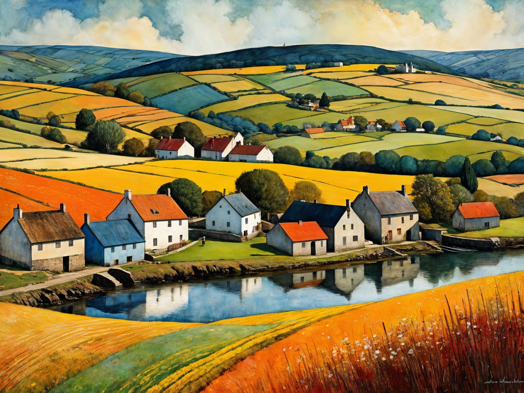 Picturesque Countryside Landscape with Vibrant Fields