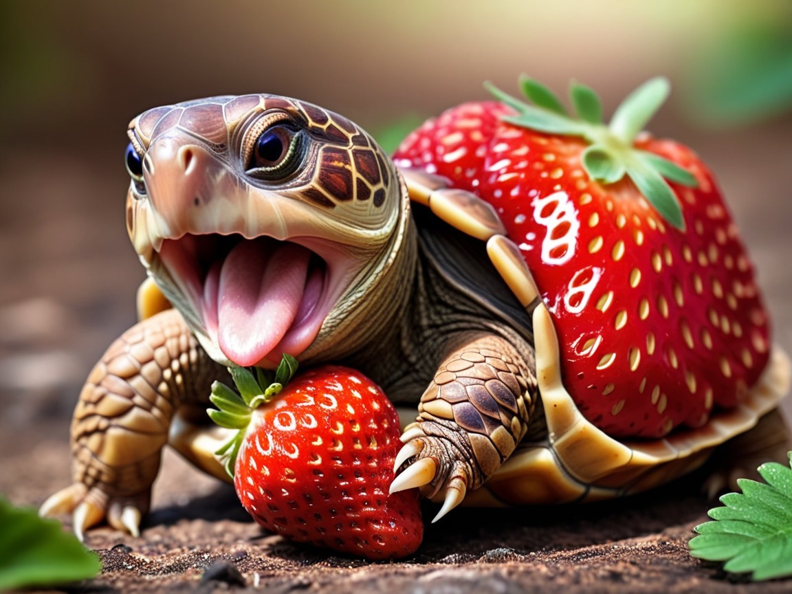 Whimsical Turtle with Strawberry Shell and Fresh Berry