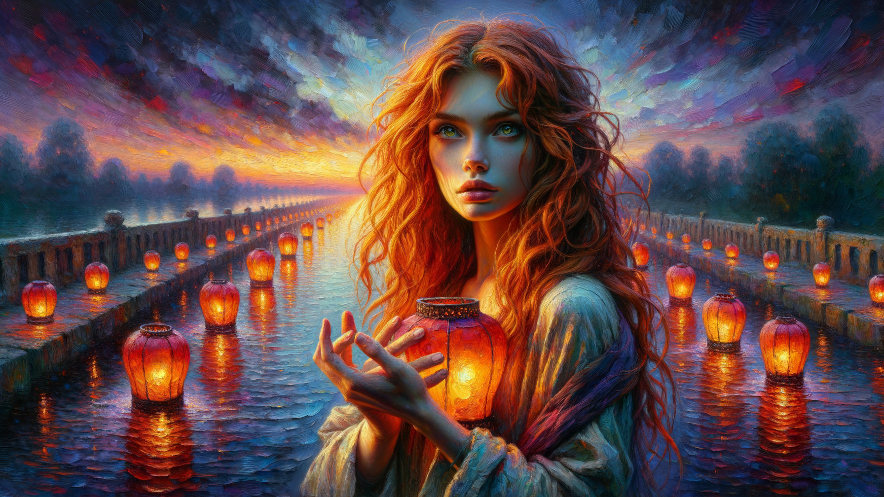 Twilight Scene with Woman and Glowing Lanterns