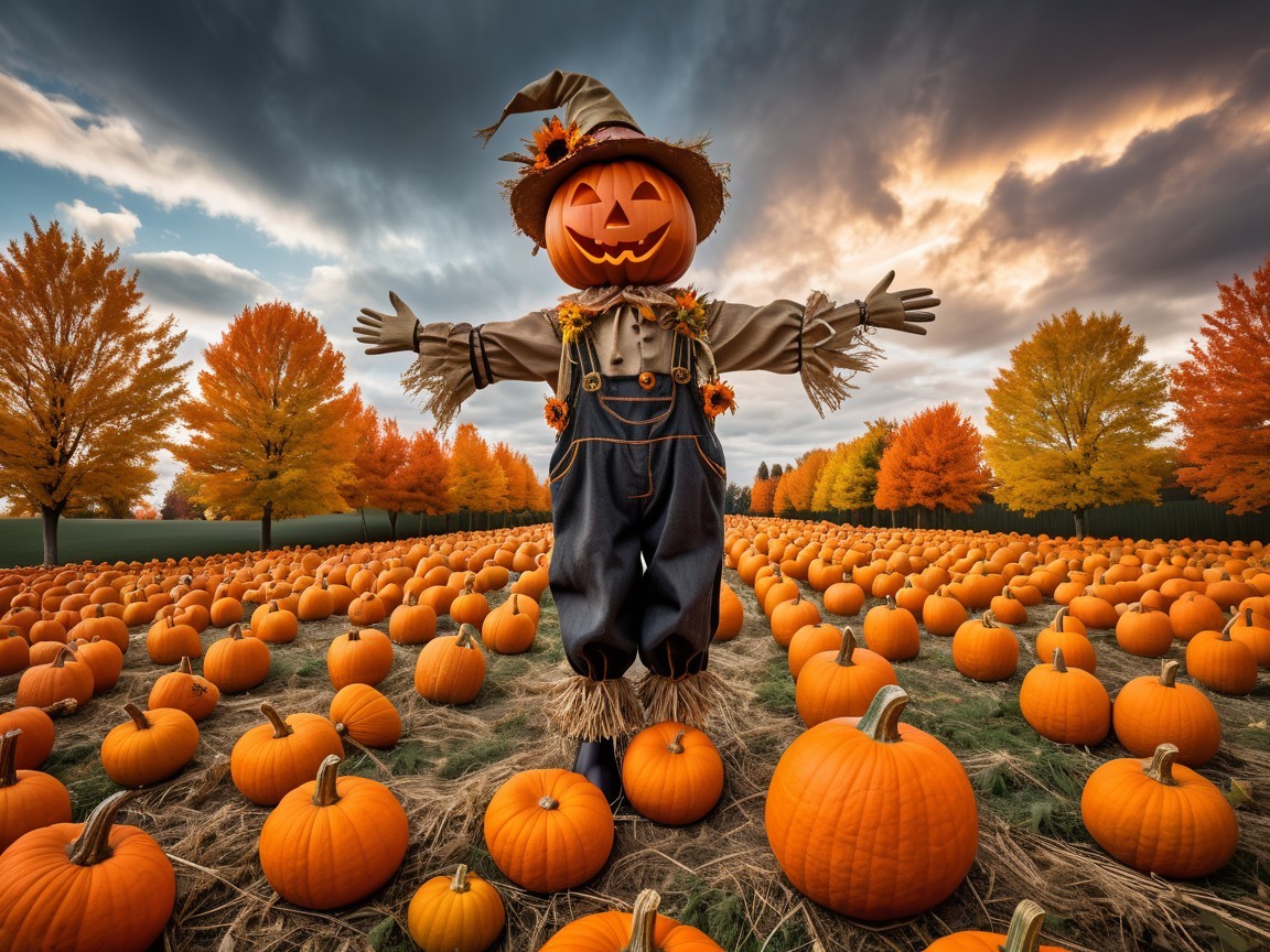 Whimsical Scarecrow in Vibrant Pumpkin Patch Scene