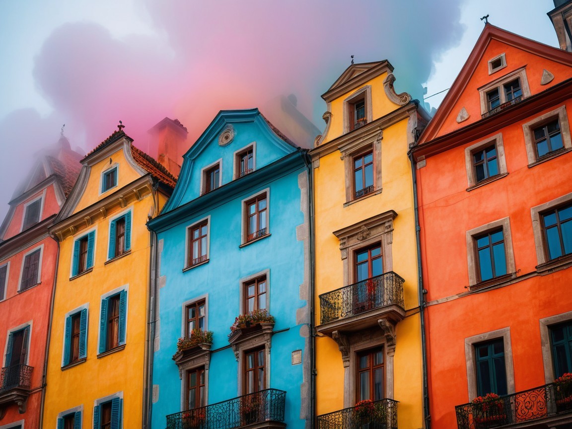Vibrant Historic Houses with Colorful Façades and Balconies