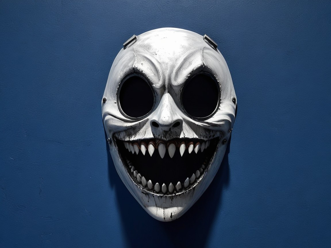 Sinister White Mask with Sharp Teeth on Blue Background