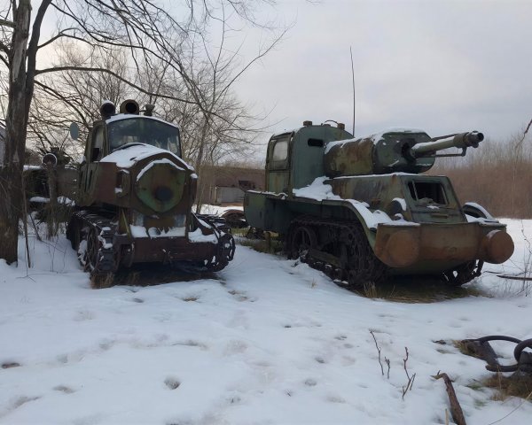 Abandoned Military Vehicles in Snowy Field