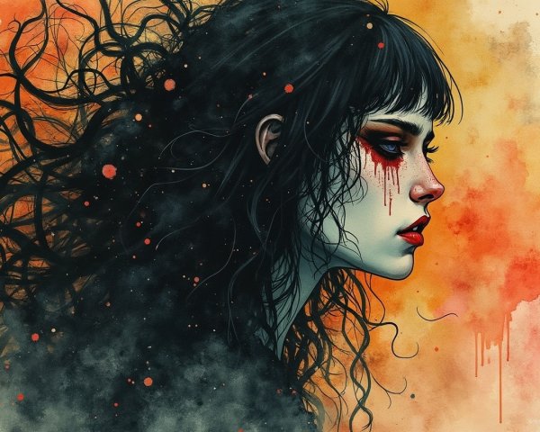 Portrait of a Young Woman with Dark Hair and Tears