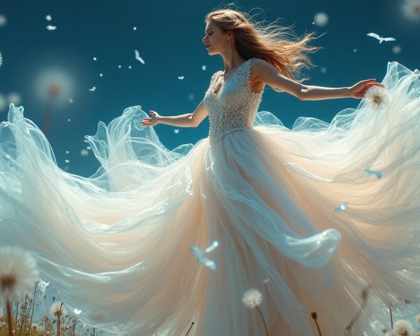 Graceful woman in flowing gown among dandelions