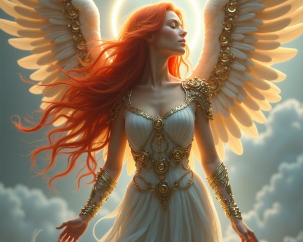 Majestic figure with wings and flowing red hair