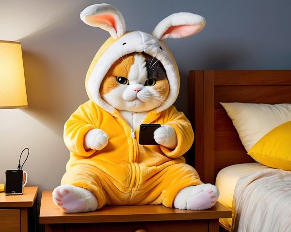 Oversized Plush Cat in Yellow Bunny Onesie Decor