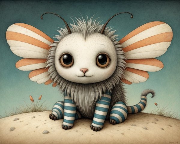 Whimsical gray creature with striped wings and eyes