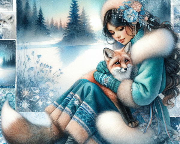 Eastern European Woman with Fox Cub in Watercolor Art