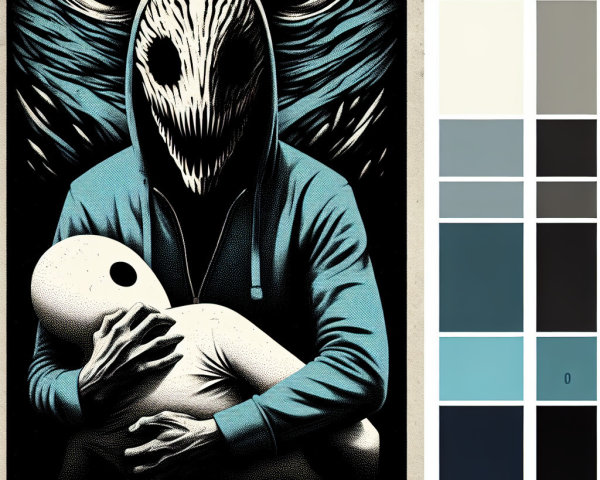 Mysterious Figure with Doll in Eerie Blue Atmosphere