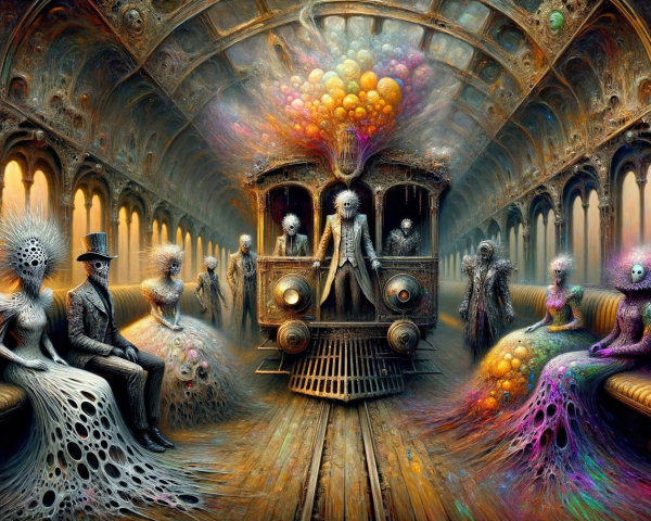 Surreal Train Carriage with Fantastical Creatures