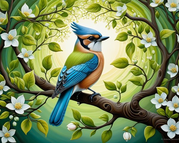 Vibrant Bird with Blue Crest on Twisted Branch