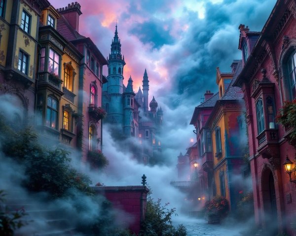 Foggy Street with Colorful Buildings and Lanterns