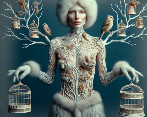 Surreal Figure with Branch-Like Body and Natural Elements