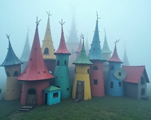 Colorful Fairy-Tale Houses in Foggy Atmosphere