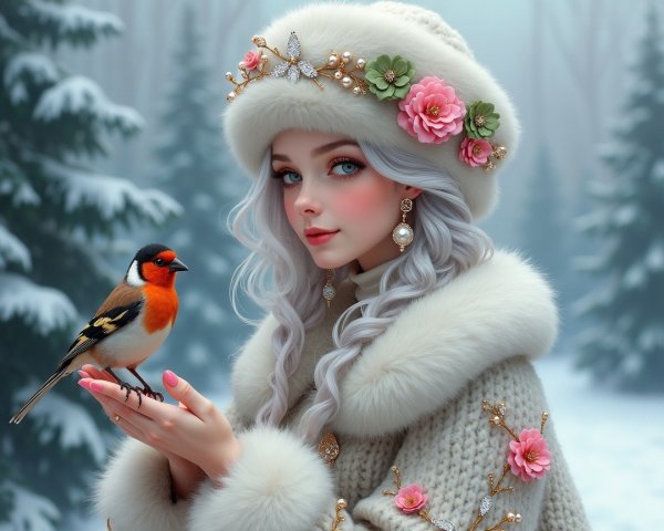 Woman with Silvery Hair in Snowy Forest Setting