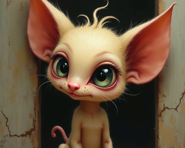 Whimsical creature with oversized ears and green eyes