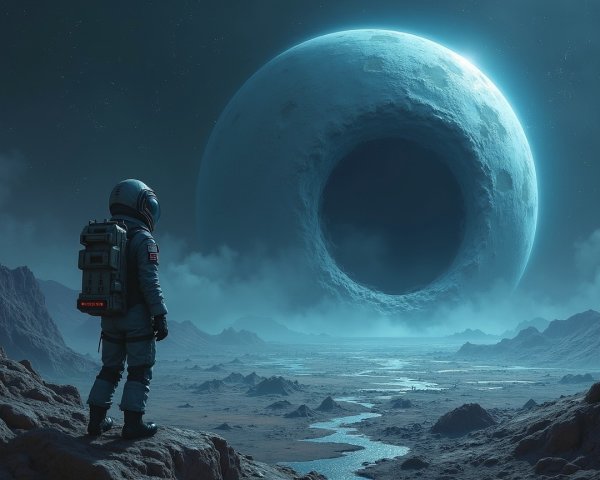 Astronaut on Alien Landscape with Dark Circular Void