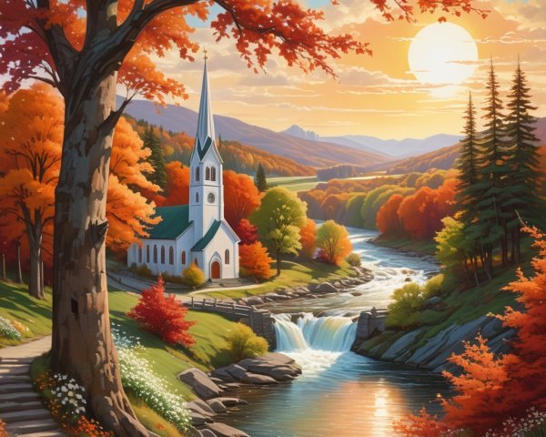 Serene Autumn Landscape with Church and Waterfall