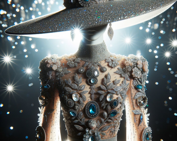 Elegant gown with embellishments and wide-brimmed hat